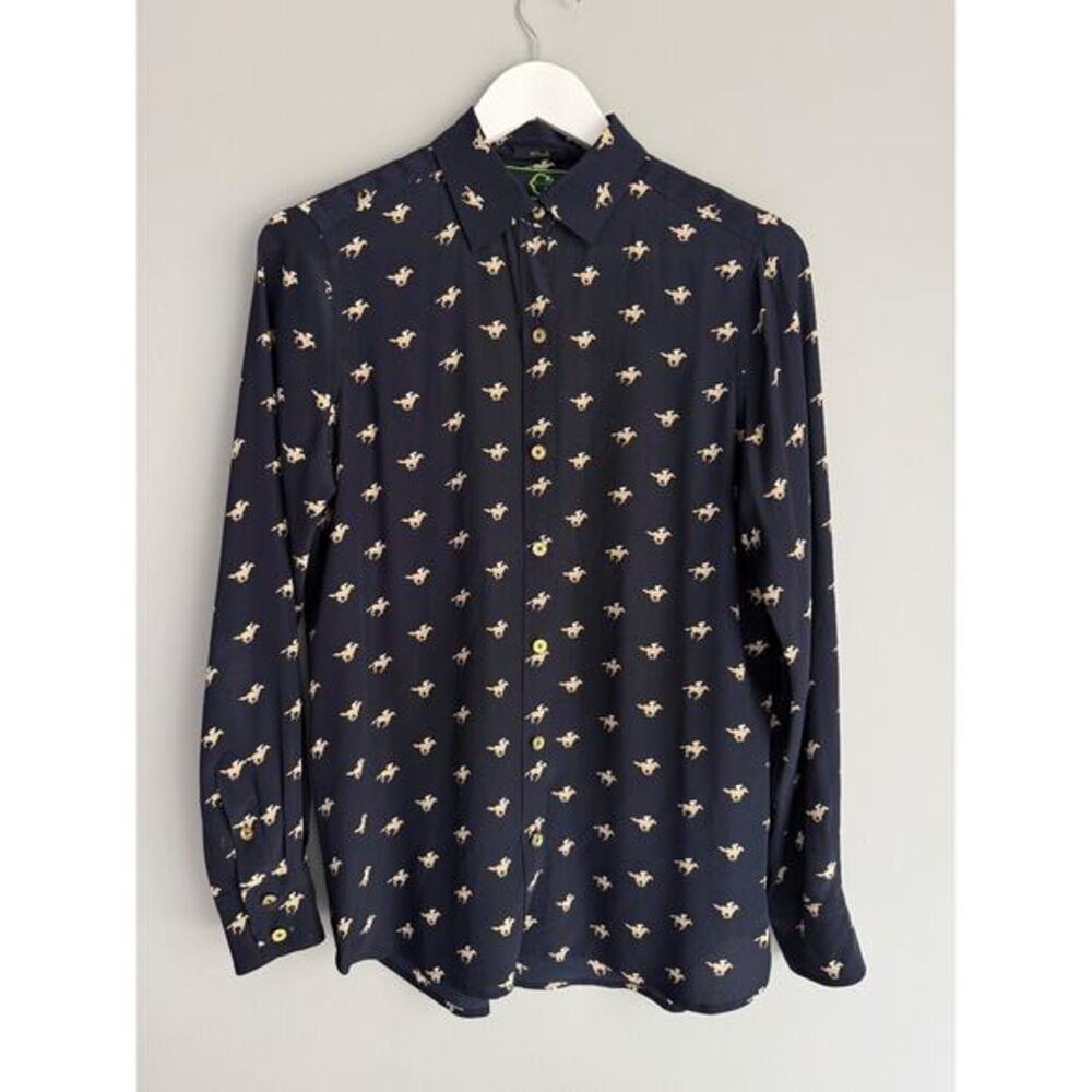 C. Wonder S 100% Silk Navy Blue Horse Jockey Print Button Up Shirt Gold Buttons